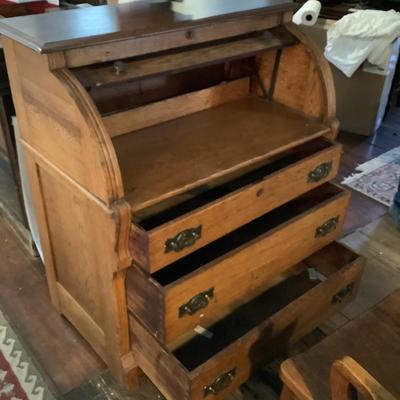 1073 Antique Oak Cylinder Three Drawer Desk with Oak Arm Chair