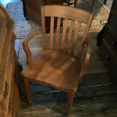 1073 Antique Oak Cylinder Three Drawer Desk with Oak Arm Chair
