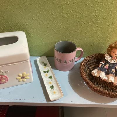 Kleenex box, mug, tray and doll