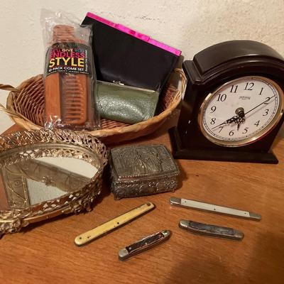 Clock, jewelry storagenee combs, purses basket and vintage k Ives