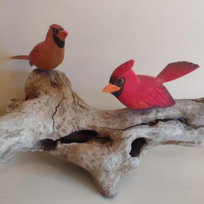 Wooden Cardinals on a Driftwood Branch