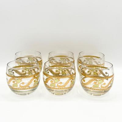 Vtg. Gold & Green Roly Poly Drinking Glasses ~ Set Of Six (6)