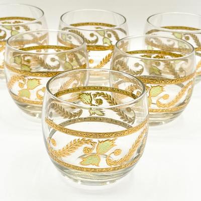 Vtg. Gold & Green Roly Poly Drinking Glasses ~ Set Of Six (6)