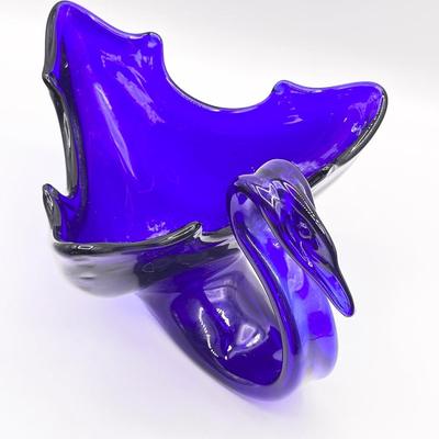 Vtg. Cobalt Blue Blown Glass Swan Dish/Vase