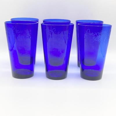 Vtg. Cobalt Blue Blown Glass Tumblers With Etching ~ Set Of Six (6)