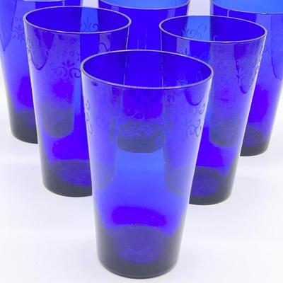 Vtg. Cobalt Blue Blown Glass Tumblers With Etching ~ Set Of Six (6)