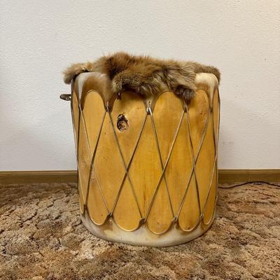 LARGE DRUM END TABLE W/FUR PELT