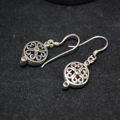 925 Sterling with Marcasite Filigree Drop Earrings 4.2g