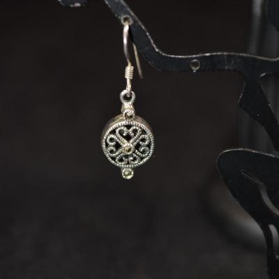 925 Sterling with Marcasite Filigree Drop Earrings 4.2g