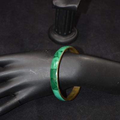 Brass & Malachite Heavy Bangle Bracelet 8"