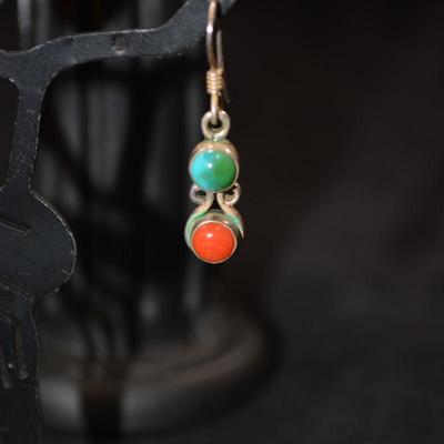 Vintage 925 Sterling Coral & Turquoise Drop Earrings 3.0g