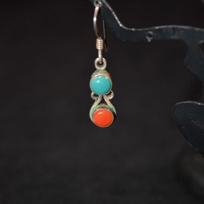 Vintage 925 Sterling Coral & Turquoise Drop Earrings 3.0g