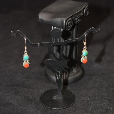 Vintage 925 Sterling Coral & Turquoise Drop Earrings 3.0g