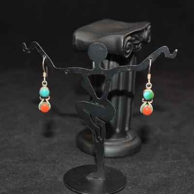 Vintage 925 Sterling Coral & Turquoise Drop Earrings 3.0g