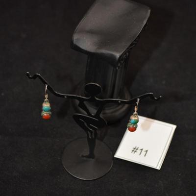 Vintage 925 Sterling Coral & Turquoise Drop Earrings 3.0g