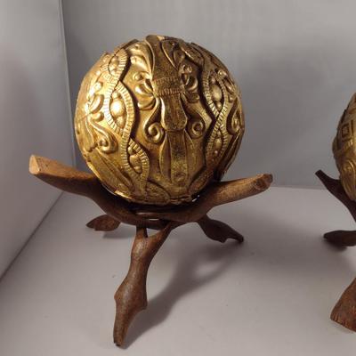 Pair of Gilt Finish Orbs on Intertwined Wooden Twig Stands