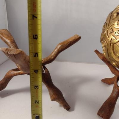 Pair of Gilt Finish Orbs on Intertwined Wooden Twig Stands
