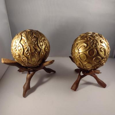 Pair of Gilt Finish Orbs on Intertwined Wooden Twig Stands
