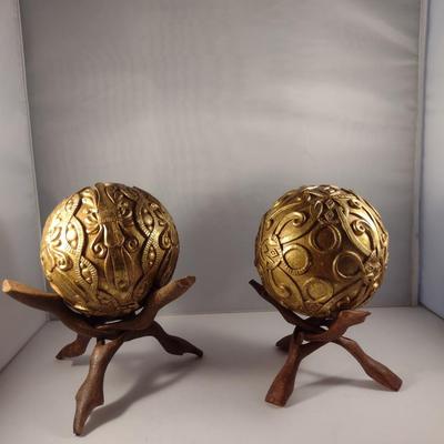 Pair of Gilt Finish Orbs on Intertwined Wooden Twig Stands