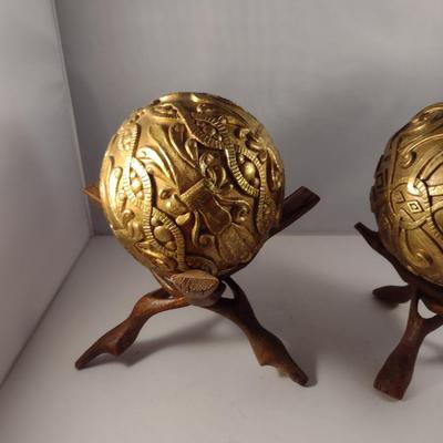 Pair of Gilt Finish Orbs on Intertwined Wooden Twig Stands