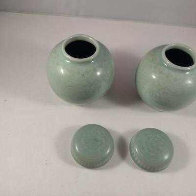 Pair of Glazed Ceramic Ginger Jars with Lids
