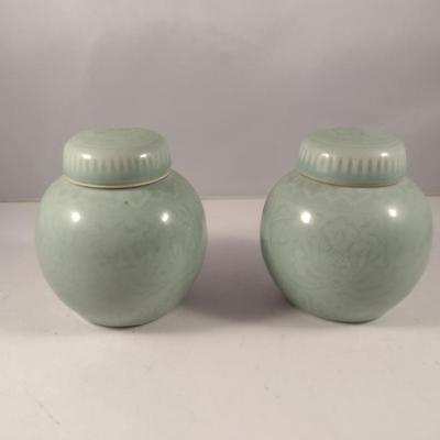 Pair of Glazed Ceramic Ginger Jars with Lids