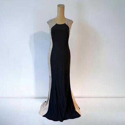 Xscape Women's Black/Beige Rhinestone Illusion Gown Sz 4