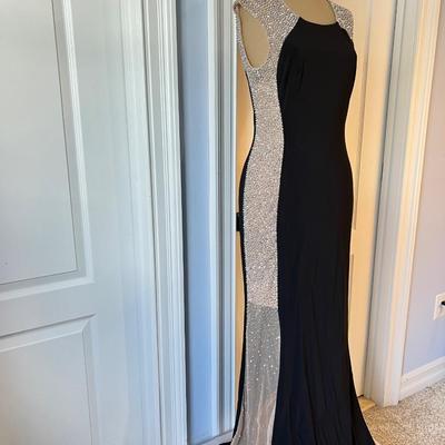 Xscape Women's Black/Beige Rhinestone Illusion Gown Sz 4