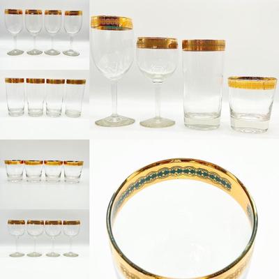 MCM Gold & Turquoise Banded Glassware ~ 4 Piece Place Setting For 4