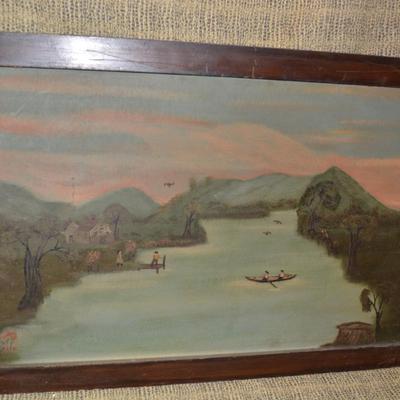 Vintage Framed July 1936 E.H. Figgat Oil Painting on Wood Board 41.75"x23"