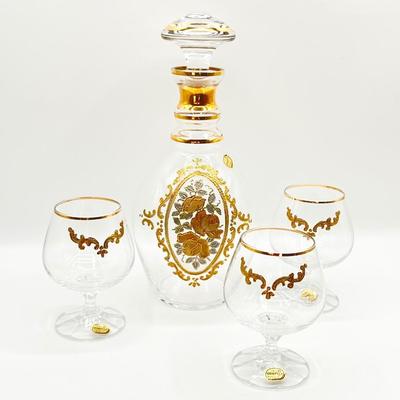 BOHEMIAN GLASS ~ Vtg. Decanter With Cameo Design ~ Set Ot Three (3) Matching Glasses