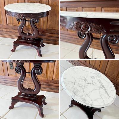 AMERICAN FURNITURE GALLERIES ~ Pair (2) Solid Mahogany Carrara Marble Rose & Harp Side Oval Tables