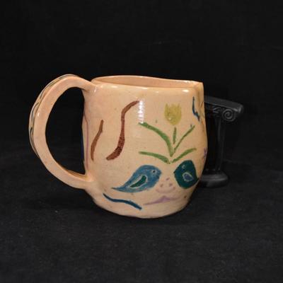Charming Vintage Primitive Flora/Fauna Ceramic Pitcher, Noble Works 1972