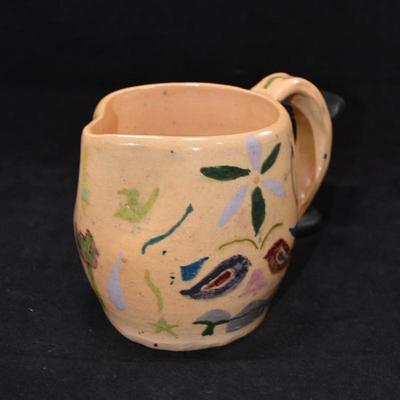 Charming Vintage Primitive Flora/Fauna Ceramic Pitcher, Noble Works 1972