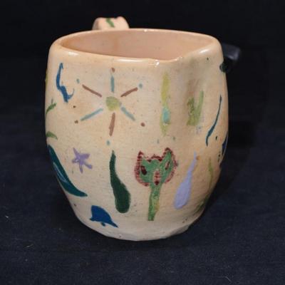 Charming Vintage Primitive Flora/Fauna Ceramic Pitcher, Noble Works 1972