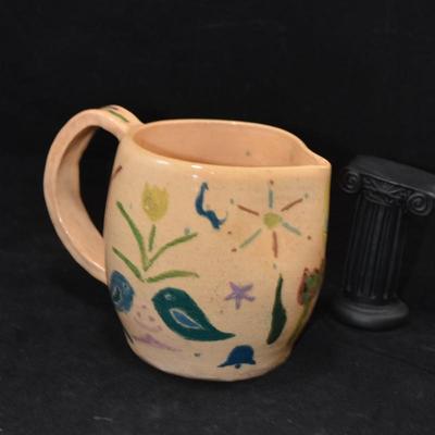 Charming Vintage Primitive Flora/Fauna Ceramic Pitcher, Noble Works 1972