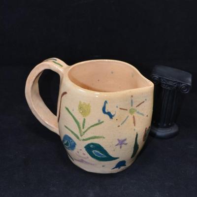 Charming Vintage Primitive Flora/Fauna Ceramic Pitcher, Noble Works 1972