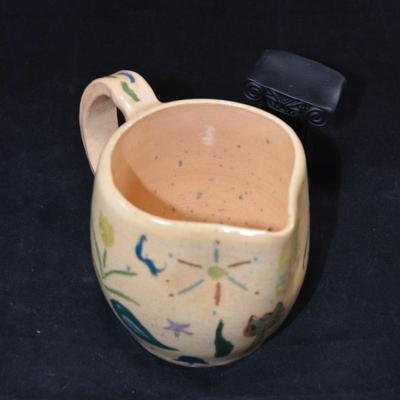 Charming Vintage Primitive Flora/Fauna Ceramic Pitcher, Noble Works 1972