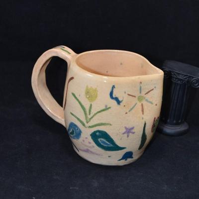 Charming Vintage Primitive Flora/Fauna Ceramic Pitcher, Noble Works 1972