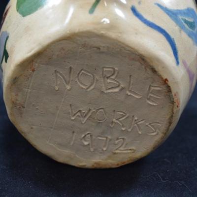 Charming Vintage Primitive Flora/Fauna Ceramic Pitcher, Noble Works 1972