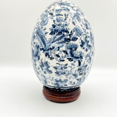 Pair (2) ~ Vtg. Blue & White Porcelain Eggs With Flowers & Birds