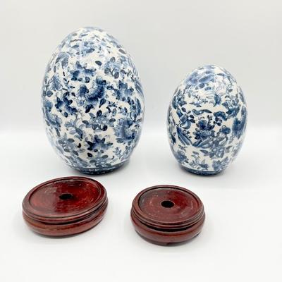 Pair (2) ~ Vtg. Blue & White Porcelain Eggs With Flowers & Birds