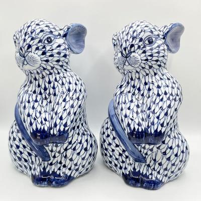 Pair (2) ~ Vtg. 12â€ Porcelain Herrand Style Blue & White Rabbits