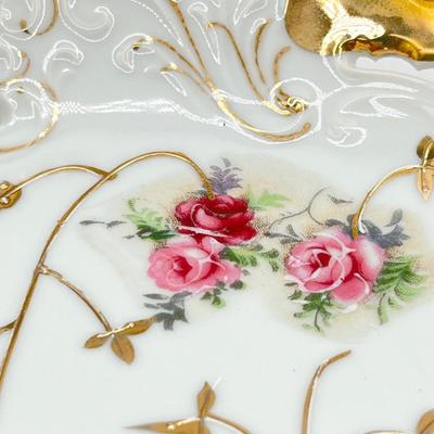 Vtg. Rose & Gold Leaf Lattice Cut Out Porcelain Tray