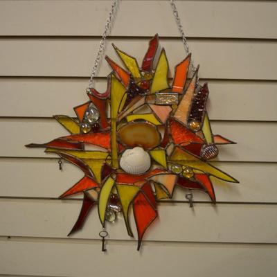 Beautiful Copper Solder Original Stained Glass Window Hanger 15.5"x15.5"