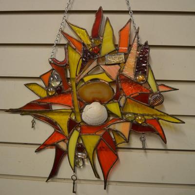 Beautiful Copper Solder Original Stained Glass Window Hanger 15.5"x15.5"