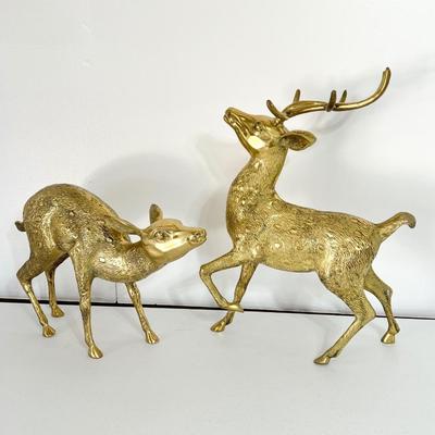 Pair (2) Large Brass Deer Figurines