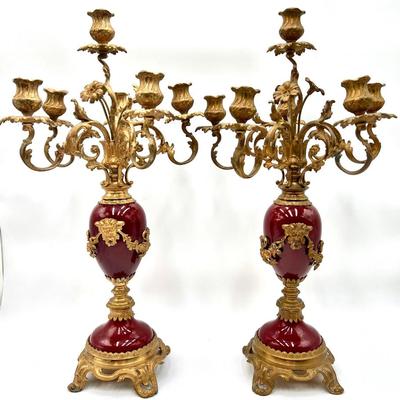 Set of 2 Antique Italian Brass and Porcelain Candelabras