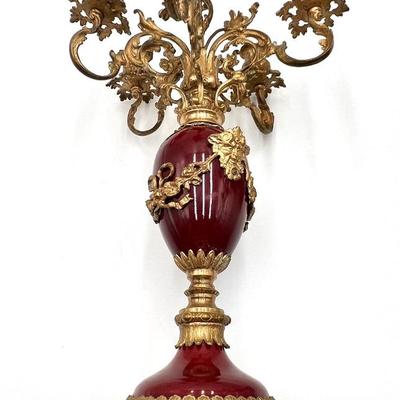 Set of 2 Antique Italian Brass and Porcelain Candelabras