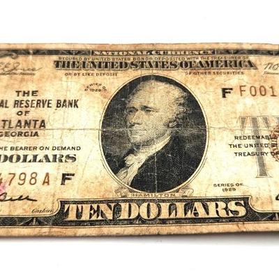 Lot #2 $10 Bill from 1929 - Federal Reserve Bank of Atlanta